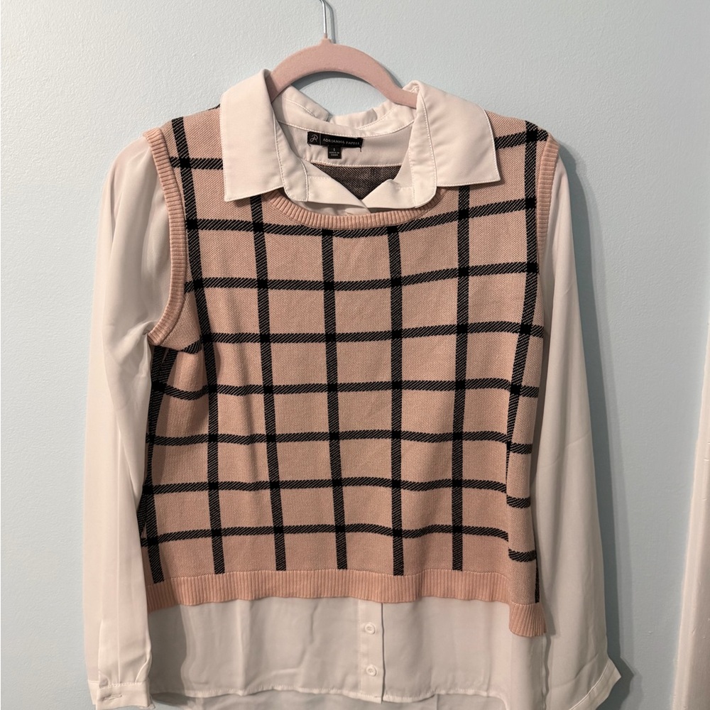 Adrianna Papell Pink and Black Plaid Vest with White Blouse